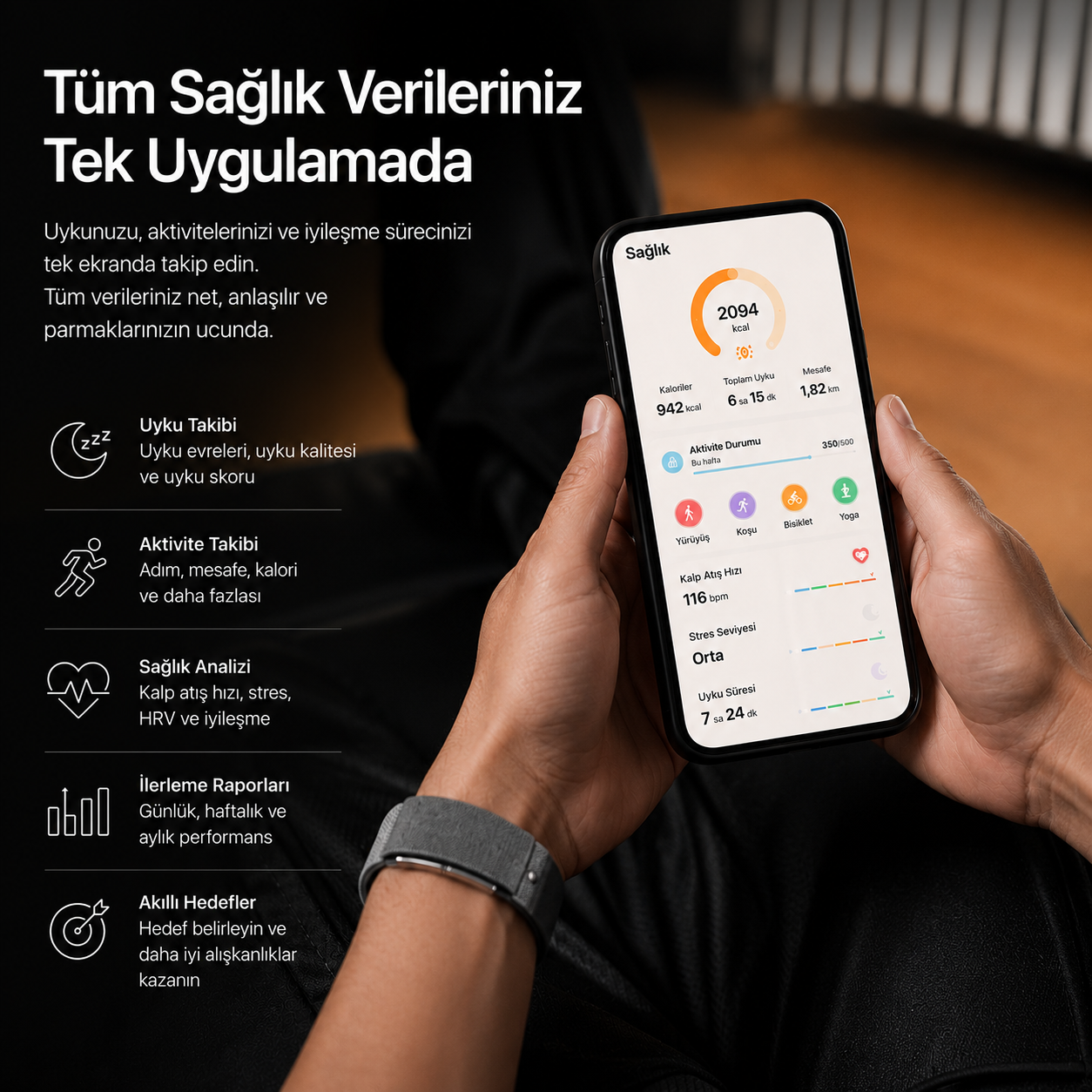 SilentSense® Akıllı Bileklik | Sağlık takibi,Titreşimli Alarm, Uyku Takibi, EKG,Nabız ve Aktivite Takibi
