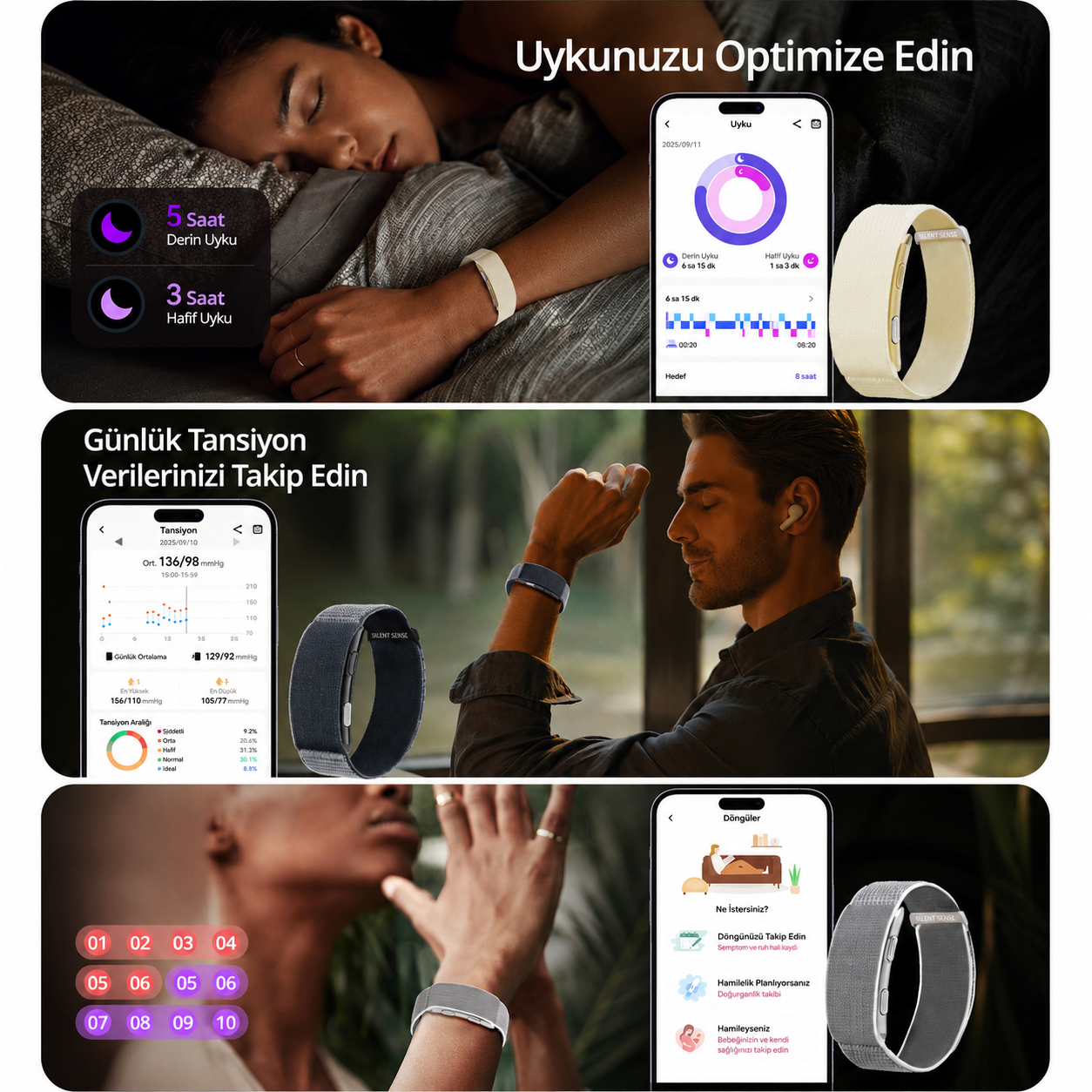 SilentSense® Akıllı Bileklik | Sağlık takibi,Titreşimli Alarm, Uyku Takibi, EKG,Nabız ve Aktivite Takibi